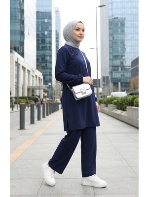 Taş Işlemeli Tunik Pantolon Ikili Takım 0230-03 Lacivert