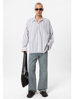 Vamos Çizgili Uzun Kollu Oversize Keten Gömlek Gri