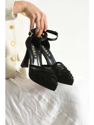 Dabab Shoes Pearly Siyah Kadın Platformlu 11CM Topuklu Incili Bilekten Bantlı Abiye Gelin Düğün Ayakkabısı