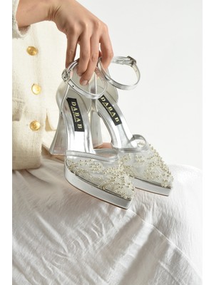 Dabab Shoes Pearly Gümüş Kadın Platformlu 11CM Topuklu Incili Bilekten Bantlı Abiye Gelin Düğün Ayakkabısı