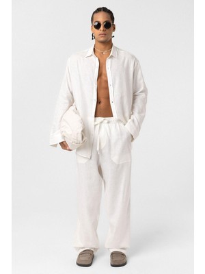 Vamos Baggy Keten Pantolon Ekru