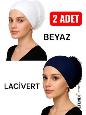 NF ND ENEFENDİ Silikonlu Fırfırlı Bone Kaymayan Topuz Bonesi Dikişsiz Beyaz Lacivert | Konforlu Pratik Bone 2 Adet