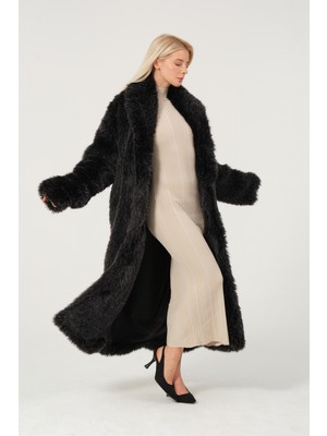 Eva Clothing Kadın Siyah Lüks Uzun Suni Kürk Kaban