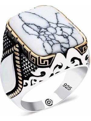 Gumush ​Gümüş Çizgili Beyaz Taşlı Köşeli Erkek Yüzük - 25