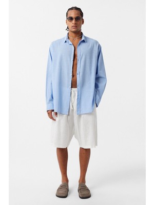 Vamos Basic Oversize Uzun Kollu Keten Gömlek Mavi