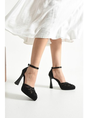 Dabab Shoes Pearly Siyah Kadın Platformlu 11CM Topuklu Incili Bilekten Bantlı Abiye Gelin Düğün Ayakkabısı