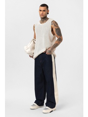 Vamos Yan Şeritli Baggy Fit Jean Koyu Mavi