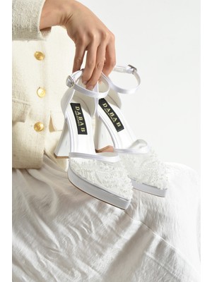 Dabab Shoes Pearly Beyaz Kadın Platformlu 11CM Topuklu Incili Bilekten Bantlı Abiye Gelin Düğün Ayakkabısı