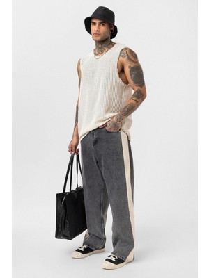 Vamos Yan Şeritli Baggy Fit Jean Antrasit