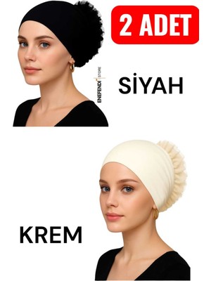 NF ND ENEFENDİ 2 Adet Silikonlu Fırfırlı Bone Kaymayan Topuz Bonesi Dikişsiz Siyah Krem | Konforlu Pratik Bone