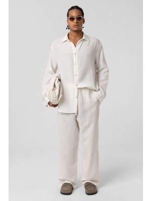 Vamos Baggy Fit Müslin Keten Pantolon Ekru