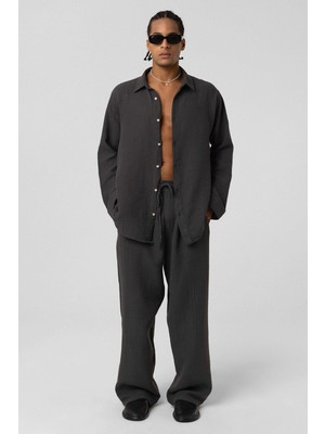Vamos Baggy Fit Müslin Keten Pantolon Antrasit