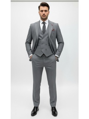 Plus Scorpion Erkek 3 Parça Takım Elbise | Sivri Yaka, Tek Düğme, Çift Yırtmaç, Armürlü Kumaş