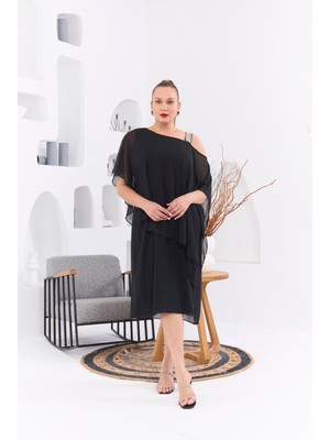 Rmg Omuz Taş Baskılı Büyük Beden Siyah Şifon Elbise1