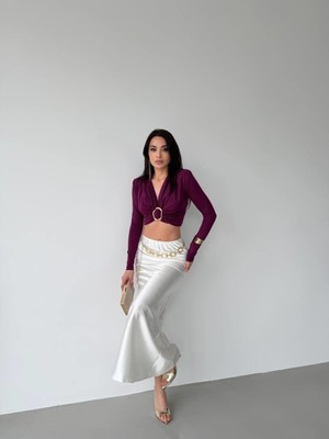 Elaxi Kadın Dalgıç Kumaş Tokalı Vatkalı Crop Bluz