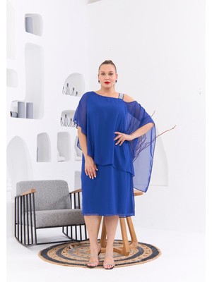 Rmg Omuz Taş Baskılı Büyük Beden Saks Şifon Elbise1