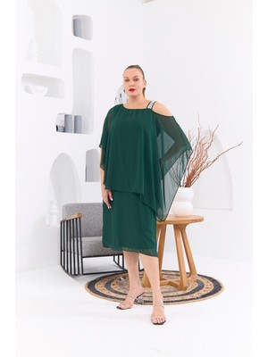 Rmg Omuz Taş Baskılı Büyük Beden Zümrüt Şifon Elbise1