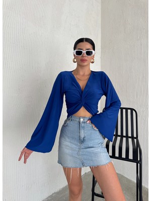 Qutta Kadın Önü Burgulu Ispanyol Kol Uzun Kol Crop Bluz