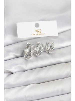 Maarketim Pirinç Gümüş Renk Zirkon Taşlı Halka Model YSX Trio Küpe Seti