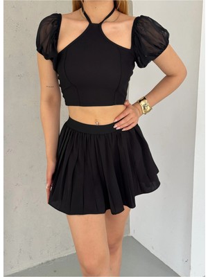 Qutta Kadın Boyundan Bağlamalı Şifon Kol Crop Bluz