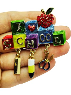 BB Bi Butik Shop Okul Sevgisini Gösteren I Love School Bloklu Renkli Broş