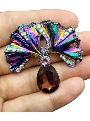BB Bi Butik Shop Gökkuşağı Parıltılı Damla Taşlı Yaprak Broş ve Kolye Ucu