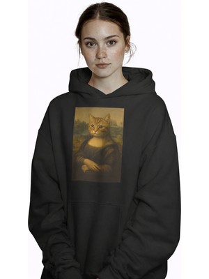 Muhtar Store Kadın Mona Lisa Kedi Baskılı Siyah Hoodie – 3 Iplik Şardonlu Kapüşonlu Sweatshirt