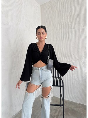 Qutta Kadın Önü Burgulu Ispanyol Kol Uzun Kol Crop Bluz