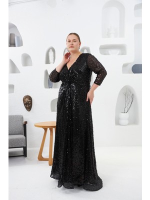 Rmg Payetli V Yaka Büyük Beden Abiye Elbise Siyah1