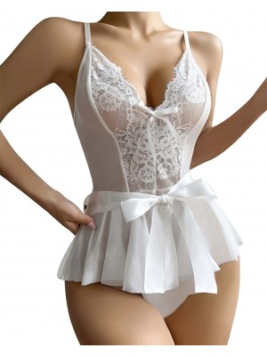 Luvinia Elegance Sırt Dekolteli Beyaz Fantazi Gecelik