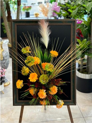 Ddtrend Modern Tasarım Mdf Plaka Tablo 3 Boyutlu Çerçeveli Yapay Çiçek Renkli Pampas Duvar Aranjman 50-70 cm