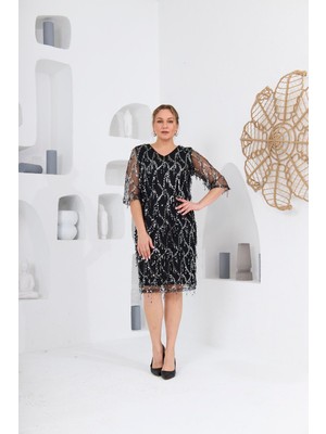 Rmg Pul Payet V Yaka Abiye Şifon Büyük Beden Elbise Siyah