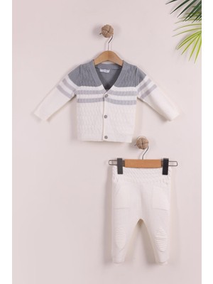 Kidello Gri Erkek Bebek Pamuklu Triko Yelek Takım | Düğmeli 2 Çizgi Örgü 0-3,3-6, 6-9 Ay
