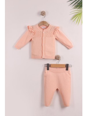 Kidello Pudra Fırfırlı Düğmeli Hırka Triko Kız Takım Pamuk 3-6 6-9 9-12