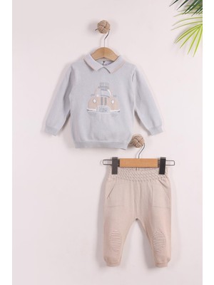 Kidello Gri Erkek Bebek Polo Yaka Arabalı Triko Takım 0-3, 3-6, 6-9 Ay