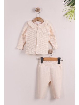 Kidello Ekru Pamuk Düğmeli Fırfırlı Yaka Kız Bebek Triko Takım – Petek Desenli 3-6 Ay 6-9 Ay 9-12 Ay