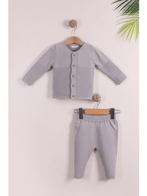 Kidello Gri Erkek Bebek Pamuklu Triko Takım | Düğmeli Çizgi Örgü 3-6, 6-9, 9-12 Ay
