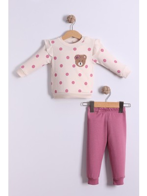 Kidello Pembe Puantiyeli Ayıcıklı Kız Bebek 2'li Takım