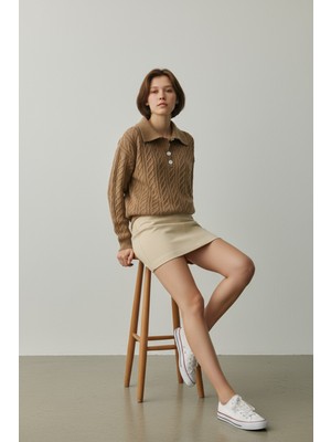 Newco Düğmeli Polo Yaka Detaylı Örgü Desenli Salaş Triko Kazak Rahat Kalıp Şık Günlük Model