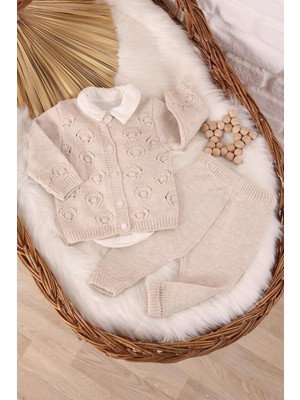 Kidello Bej Triko Örme Body'li Bebek 3'lü Takım