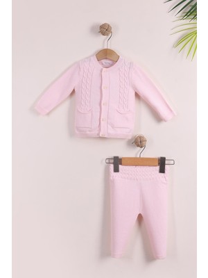 Kidello Pembe Pamuk Düğmeli Cepli Yaka Kız Bebek Triko Takım – Hasır Desenli 0-3 Ay,3-6 Ay, 6-9 Ay