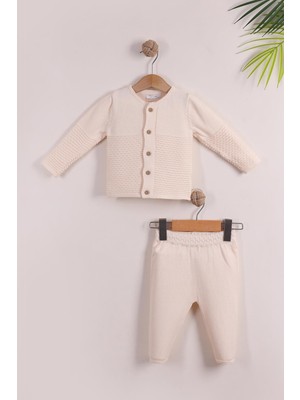 Kidello Ekru Erkek Bebek Pamuklu Triko Takım | Düğmeli Çizgi Örgü 3-6, 6-9, 9-12 Ay