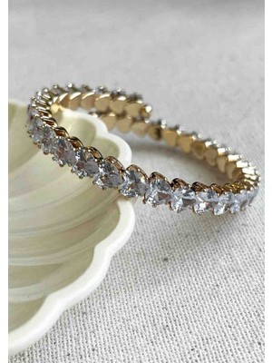 Güneş Takı Gold Pirinç Kalpli Beyaz Taşlı Kadın Elastik Bileklik Kararmaz Bileklik