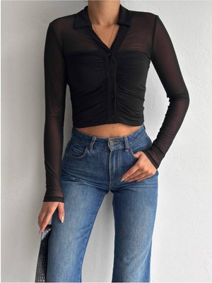 Qutta Kadın Polo Yaka Tül Kol Bluz