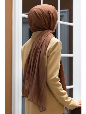 Vissona Lüks Medine Ipeği Degradeli Monogram Desenli Somon Renkli 75X195 Kırışmaz Şal Moss Krep Dikiş Tipi Italyan Dikişli