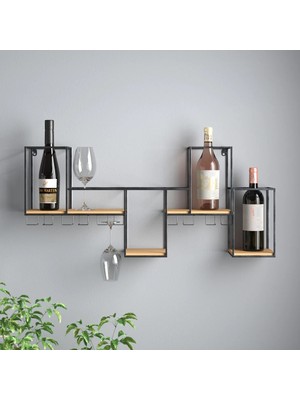 Merzana Modern Duvar Tipi Şaraplık & Kadeh Askılı Raf – Metal Gövde, Ahşap Detaylı Şarap Standı