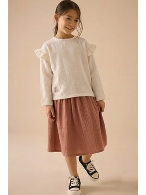 Cigit Organik Müslin Oversize Bohem Bluz Uzun Etekli Takım 2-8 Yaş Naturel