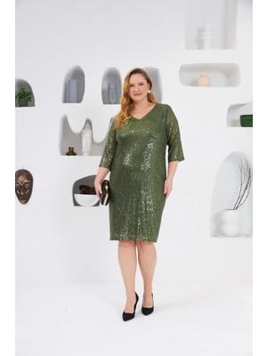 Rmg Pul Payetli Büyük Beden Abiye Elbise Haki2