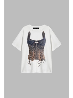 Cinema Moda Denim Corset Baskılı Relaxed Fit Beyaz Kadın Tshirt