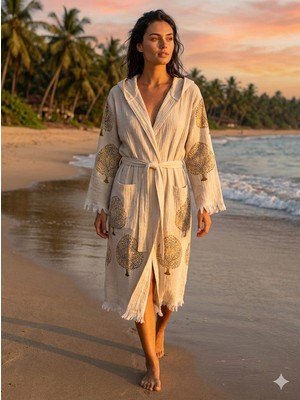 Tekstilize Ağaç Desenli Müslin Bornoz Yumuşak, Hafif ve Nefes Alan Dokuma (%100 Pamuklu)